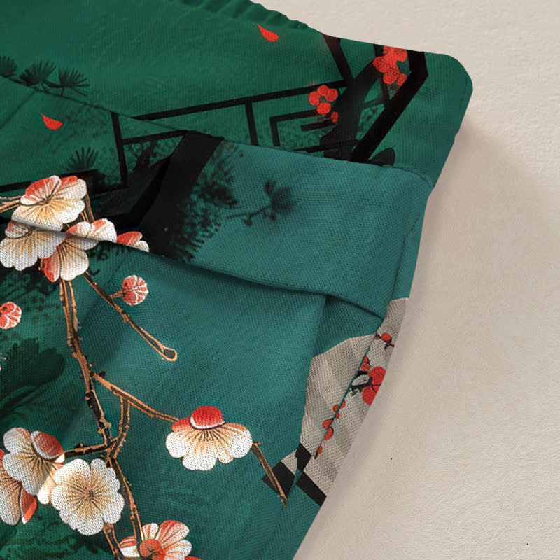 Nimara Ritual Cotton Linen Oriental Floral Fan Pattern Women's Elastic Waist Wide Leg Pants With Pockets