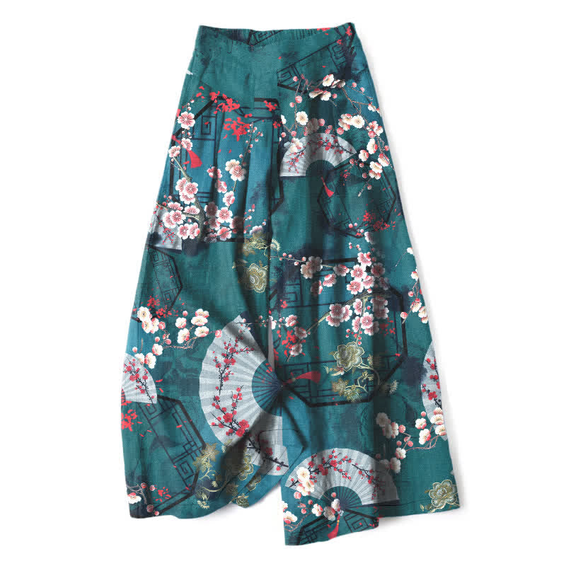 Nimara Ritual Cotton Linen Oriental Floral Fan Pattern Women's Elastic Waist Wide Leg Pants With Pockets