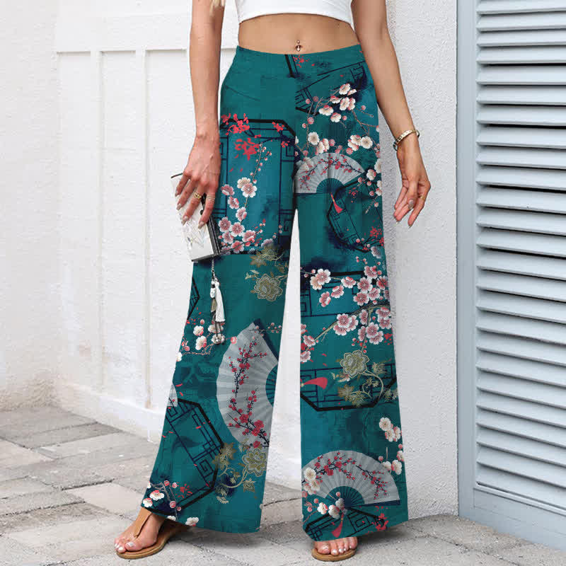 Nimara Ritual Cotton Linen Oriental Floral Fan Pattern Women's Elastic Waist Wide Leg Pants With Pockets