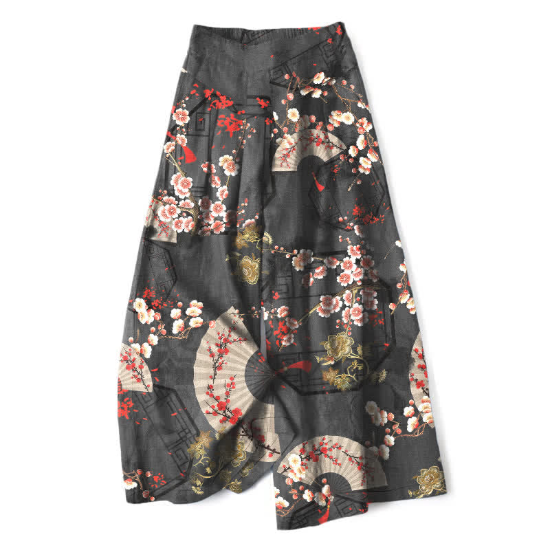 Nimara Ritual Cotton Linen Oriental Floral Fan Pattern Women's Elastic Waist Wide Leg Pants With Pockets
