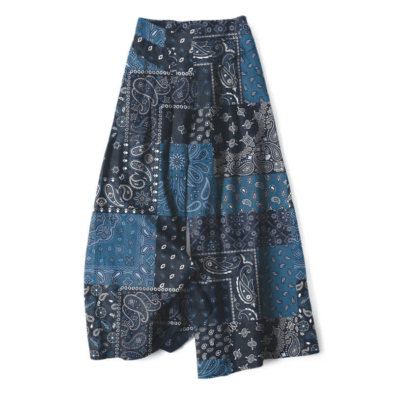 Nimara Ritual Cotton Linen Vintage Paisley Patchwork Pattern Women's Elastic Waist Wide Leg Pants With Pockets