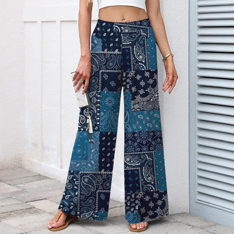 Nimara Ritual Cotton Linen Vintage Paisley Patchwork Pattern Women's Elastic Waist Wide Leg Pants With Pockets