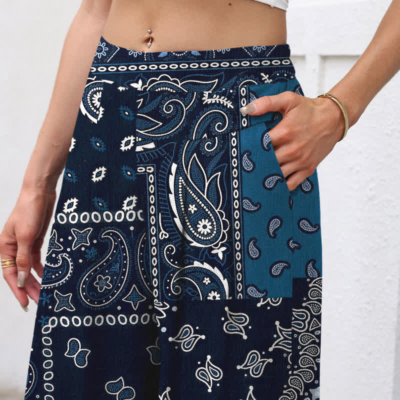 Nimara Ritual Cotton Linen Vintage Paisley Patchwork Pattern Women's Elastic Waist Wide Leg Pants With Pockets