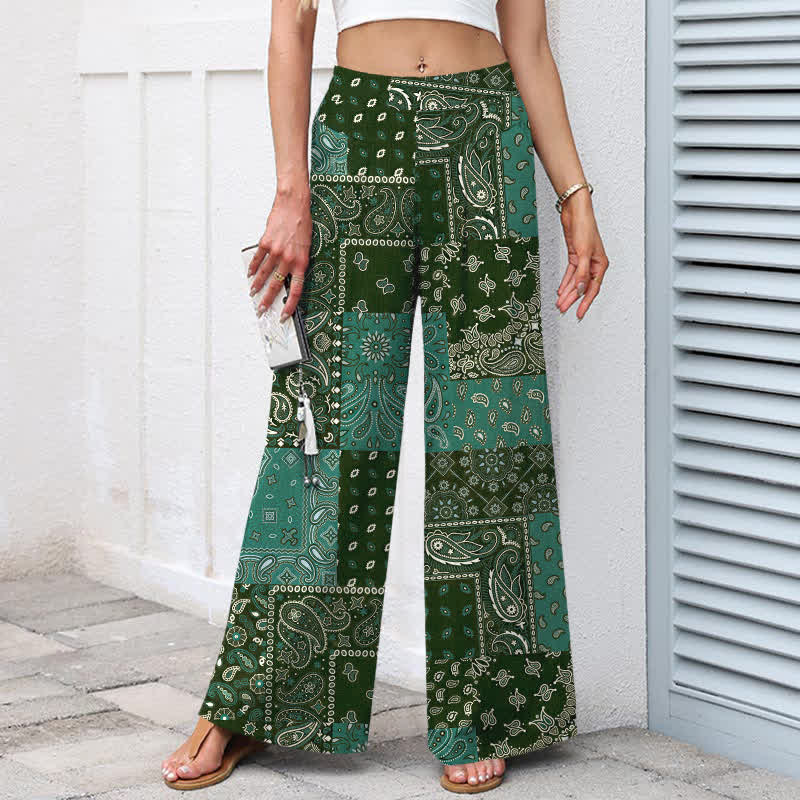 Nimara Ritual Cotton Linen Vintage Paisley Patchwork Pattern Women's Elastic Waist Wide Leg Pants With Pockets