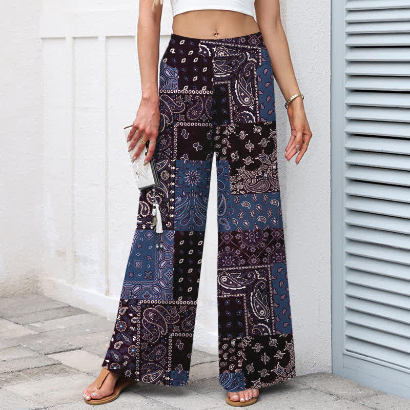 Nimara Ritual Cotton Linen Vintage Paisley Patchwork Pattern Women's Elastic Waist Wide Leg Pants With Pockets