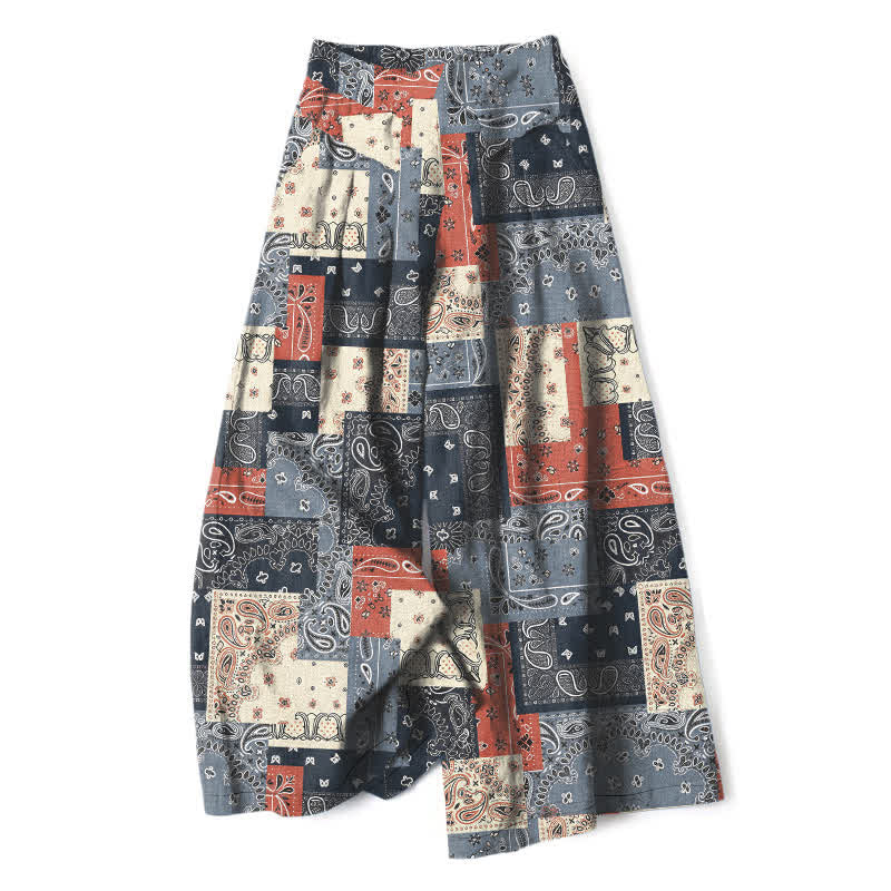Nimara Ritual Cotton Linen Patchwork Paisley Pattern Women's Elastic Waist Wide Leg Pants With Pockets