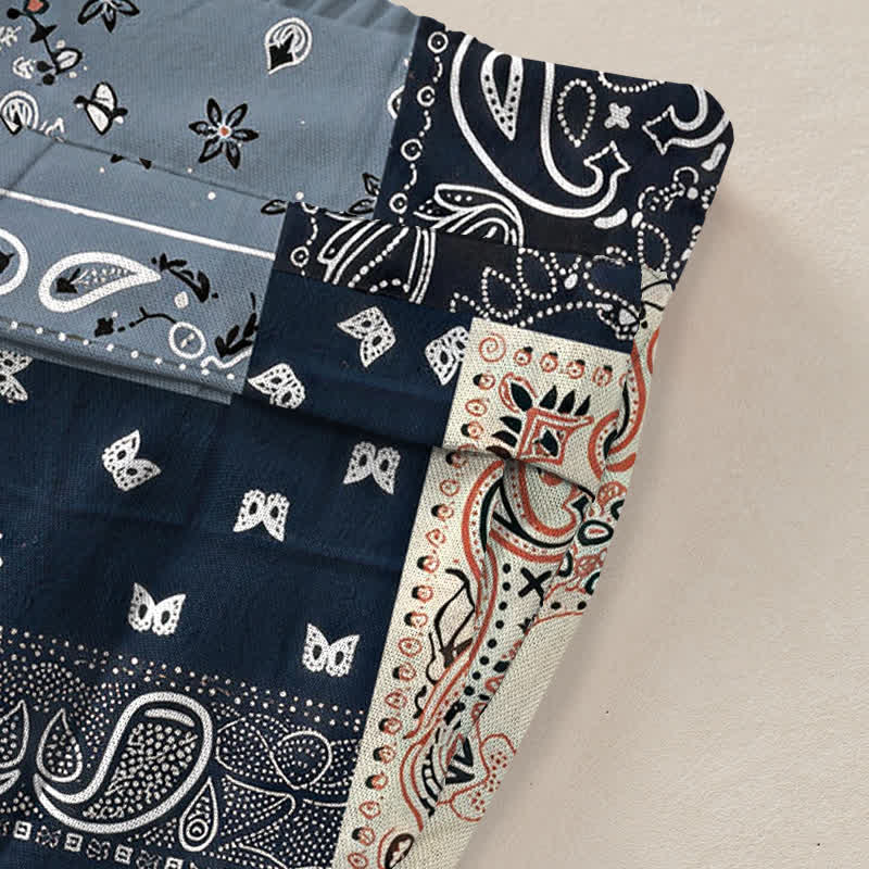 Nimara Ritual Cotton Linen Patchwork Paisley Pattern Women's Elastic Waist Wide Leg Pants With Pockets