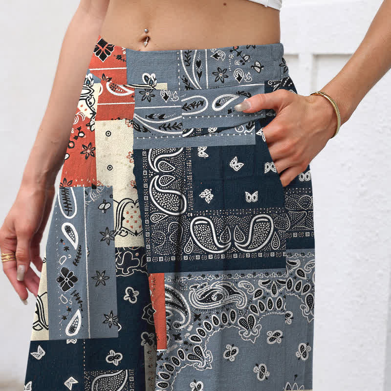 Nimara Ritual Cotton Linen Patchwork Paisley Pattern Women's Elastic Waist Wide Leg Pants With Pockets