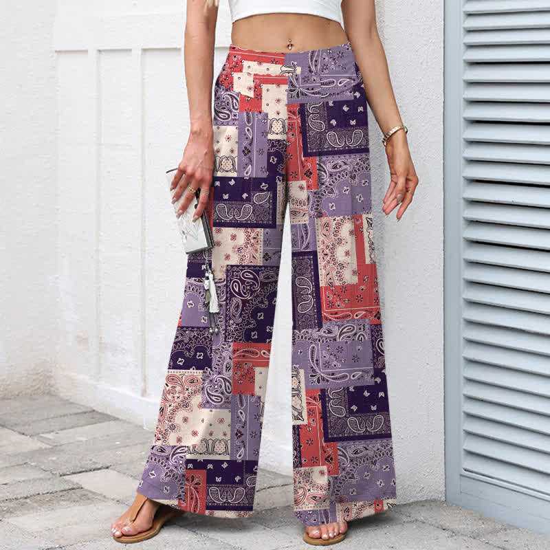 Nimara Ritual Cotton Linen Patchwork Paisley Pattern Women's Elastic Waist Wide Leg Pants With Pockets
