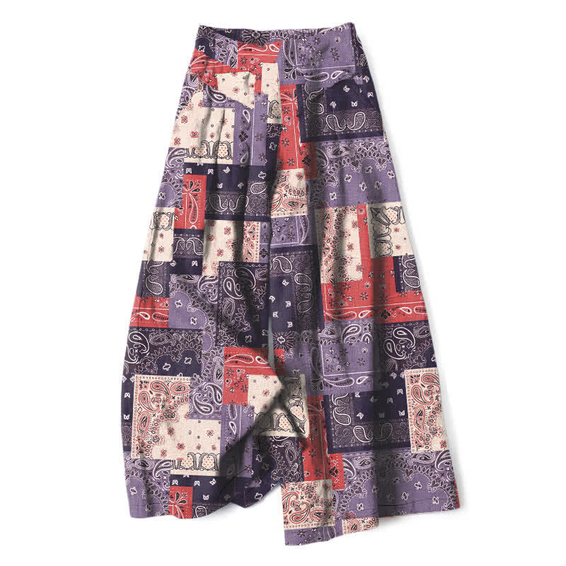 Nimara Ritual Cotton Linen Patchwork Paisley Pattern Women's Elastic Waist Wide Leg Pants With Pockets