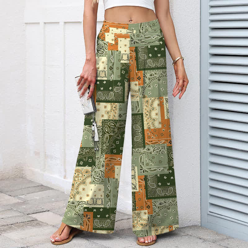 Nimara Ritual Cotton Linen Patchwork Paisley Pattern Women's Elastic Waist Wide Leg Pants With Pockets