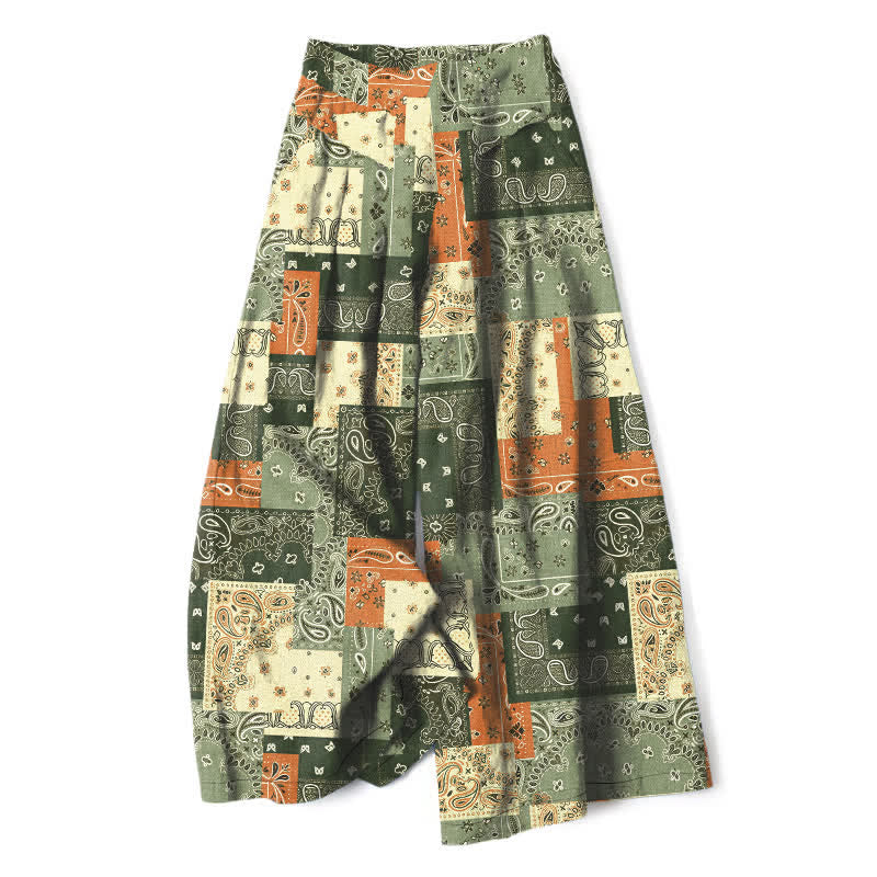 Nimara Ritual Cotton Linen Patchwork Paisley Pattern Women's Elastic Waist Wide Leg Pants With Pockets