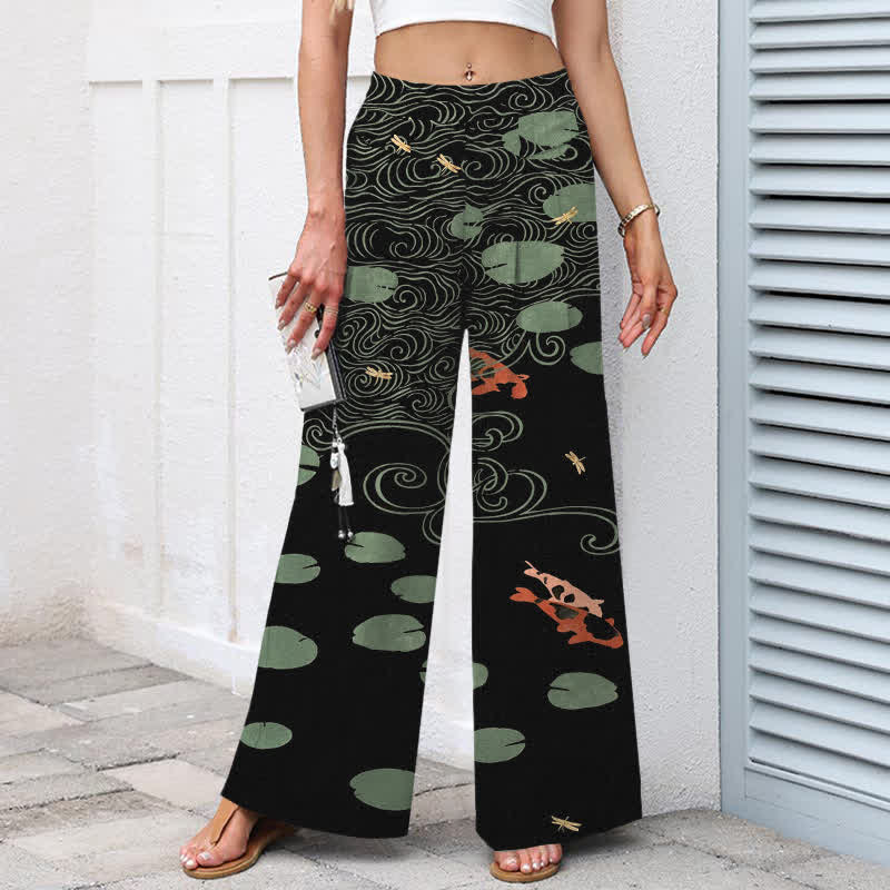 Nimara Ritual Cotton Linen Lotus Leaf Koi Fish Ripple Pattern Women's Elastic Waist Wide Leg Pants With Pockets