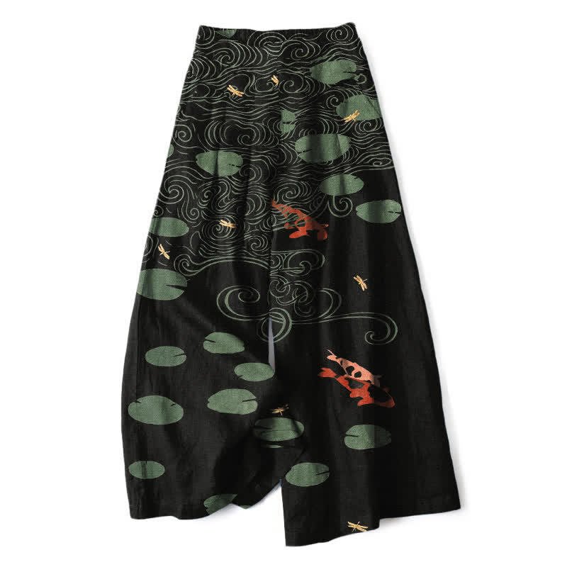 Nimara Ritual Cotton Linen Lotus Leaf Koi Fish Ripple Pattern Women's Elastic Waist Wide Leg Pants With Pockets