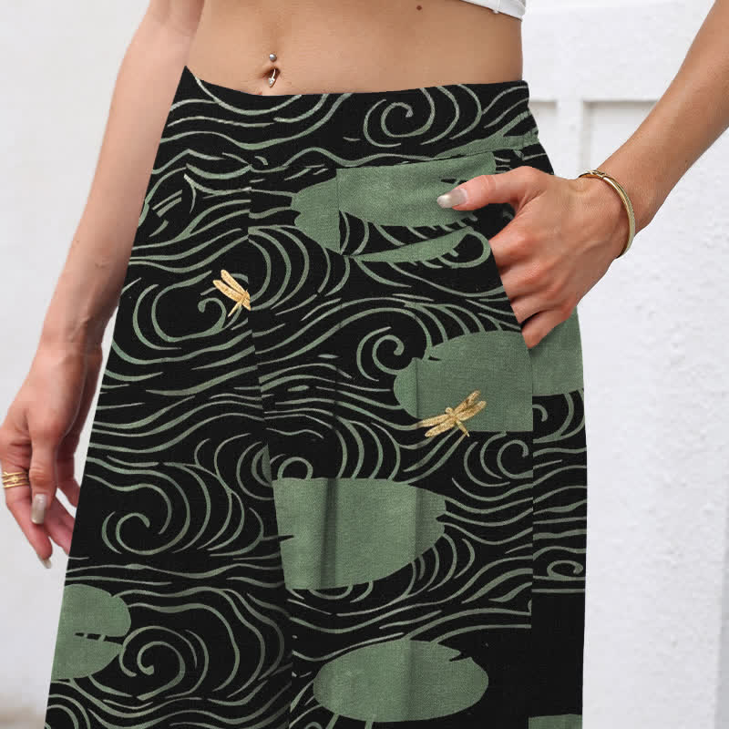 Nimara Ritual Cotton Linen Lotus Leaf Koi Fish Ripple Pattern Women's Elastic Waist Wide Leg Pants With Pockets