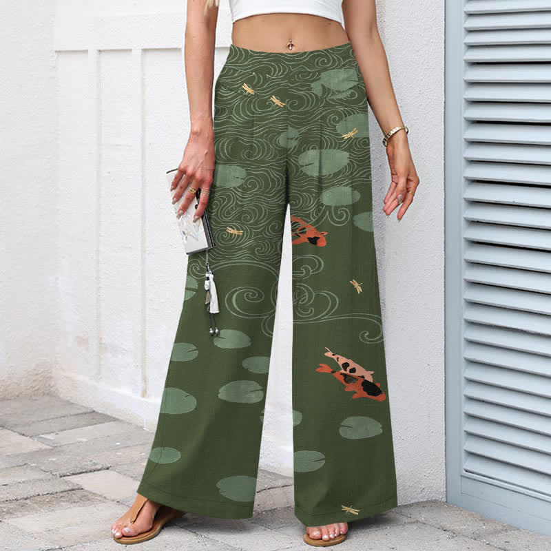 Nimara Ritual Cotton Linen Lotus Leaf Koi Fish Ripple Pattern Women's Elastic Waist Wide Leg Pants With Pockets