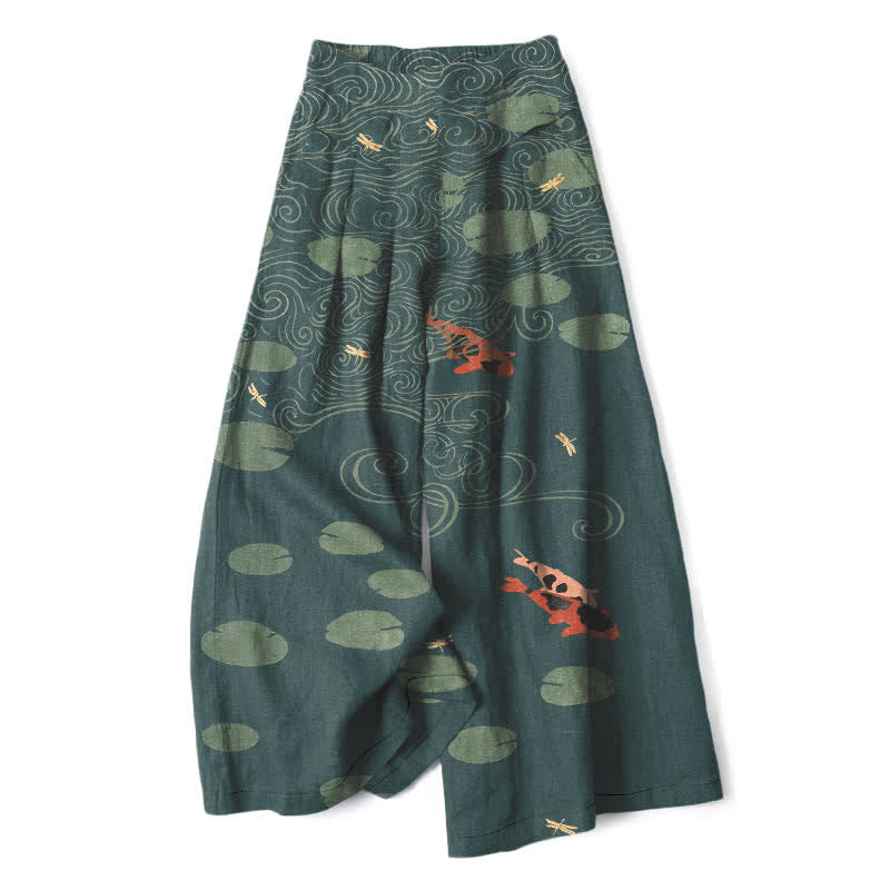 Nimara Ritual Cotton Linen Lotus Leaf Koi Fish Ripple Pattern Women's Elastic Waist Wide Leg Pants With Pockets