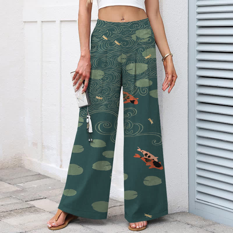 Nimara Ritual Cotton Linen Lotus Leaf Koi Fish Ripple Pattern Women's Elastic Waist Wide Leg Pants With Pockets