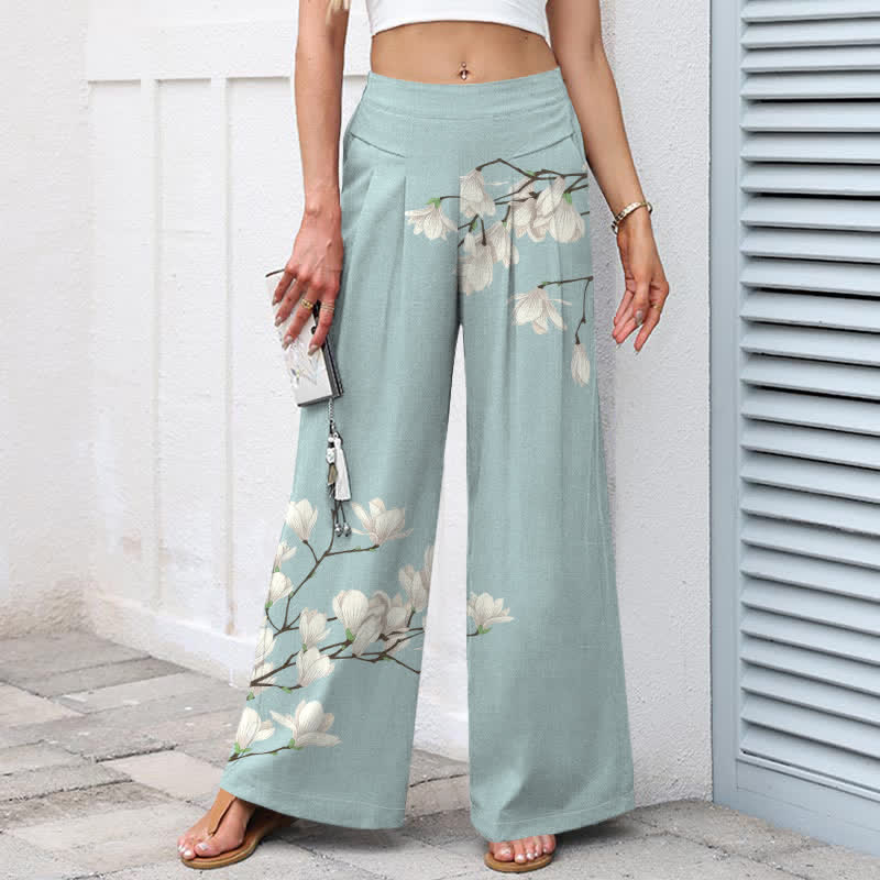Nimara Ritual Cotton Linen Vintage Floral Pattern Women's Elastic Waist Wide Leg Pants With Pockets