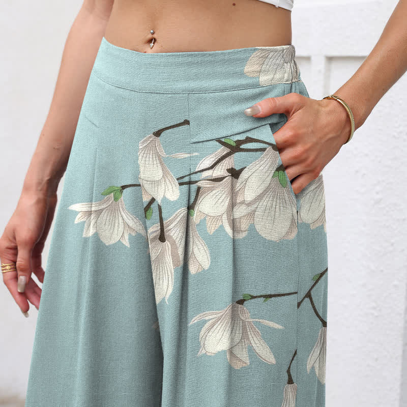 Nimara Ritual Cotton Linen Vintage Floral Pattern Women's Elastic Waist Wide Leg Pants With Pockets