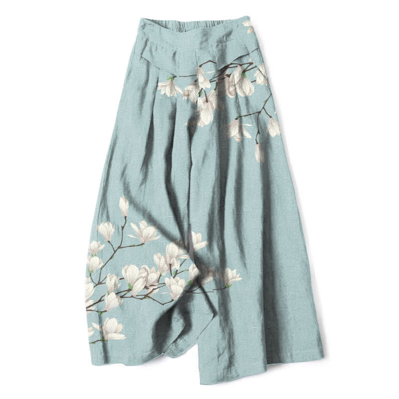 Nimara Ritual Cotton Linen Vintage Floral Pattern Women's Elastic Waist Wide Leg Pants With Pockets