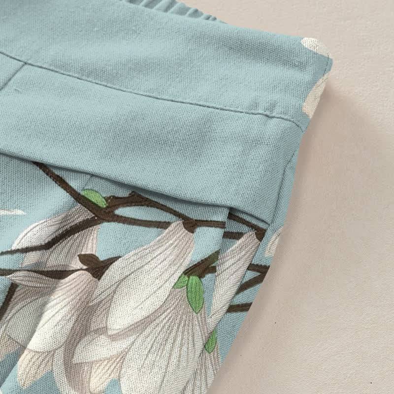 Nimara Ritual Cotton Linen Vintage Floral Pattern Women's Elastic Waist Wide Leg Pants With Pockets