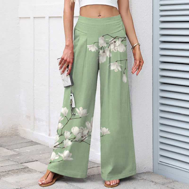 Nimara Ritual Cotton Linen Vintage Floral Pattern Women's Elastic Waist Wide Leg Pants With Pockets