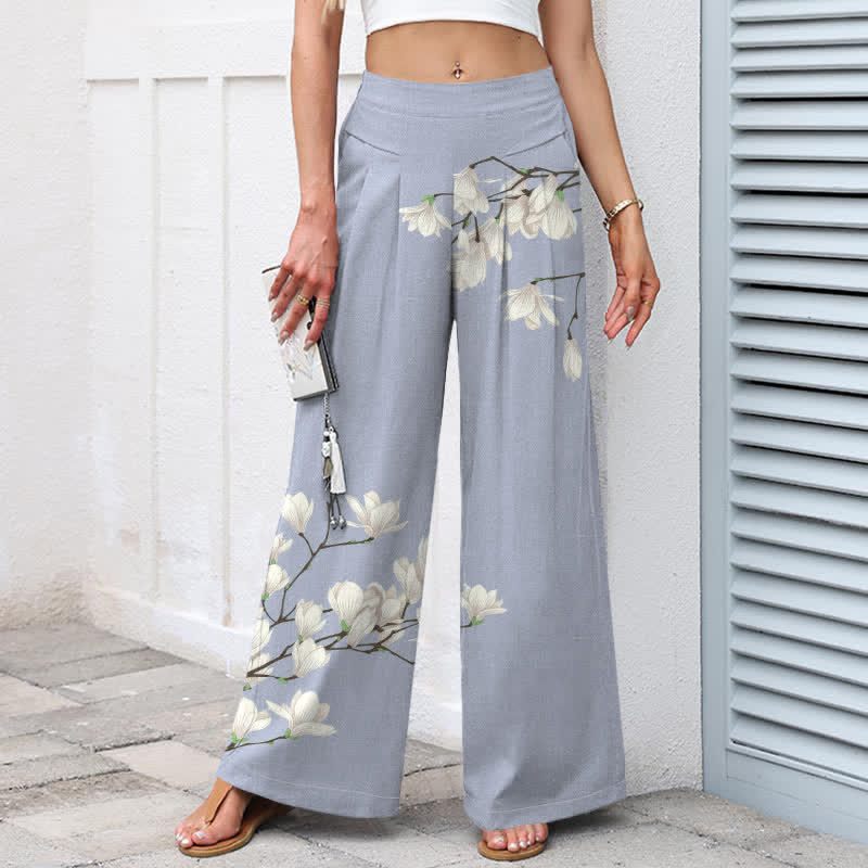 Nimara Ritual Cotton Linen Vintage Floral Pattern Women's Elastic Waist Wide Leg Pants With Pockets