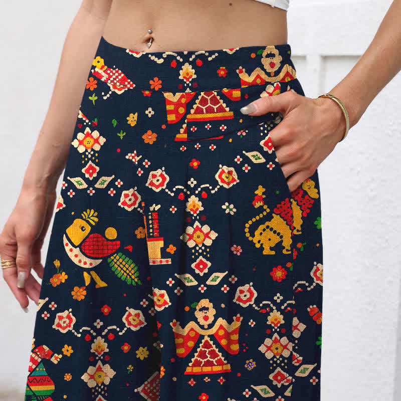 Nimara Ritual Cotton Linen Bohemian Geometric Pattern Women's Elastic Waist Wide Leg Pants With Pockets