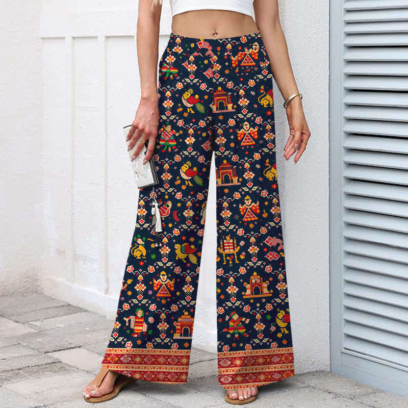 Nimara Ritual Cotton Linen Bohemian Geometric Pattern Women's Elastic Waist Wide Leg Pants With Pockets
