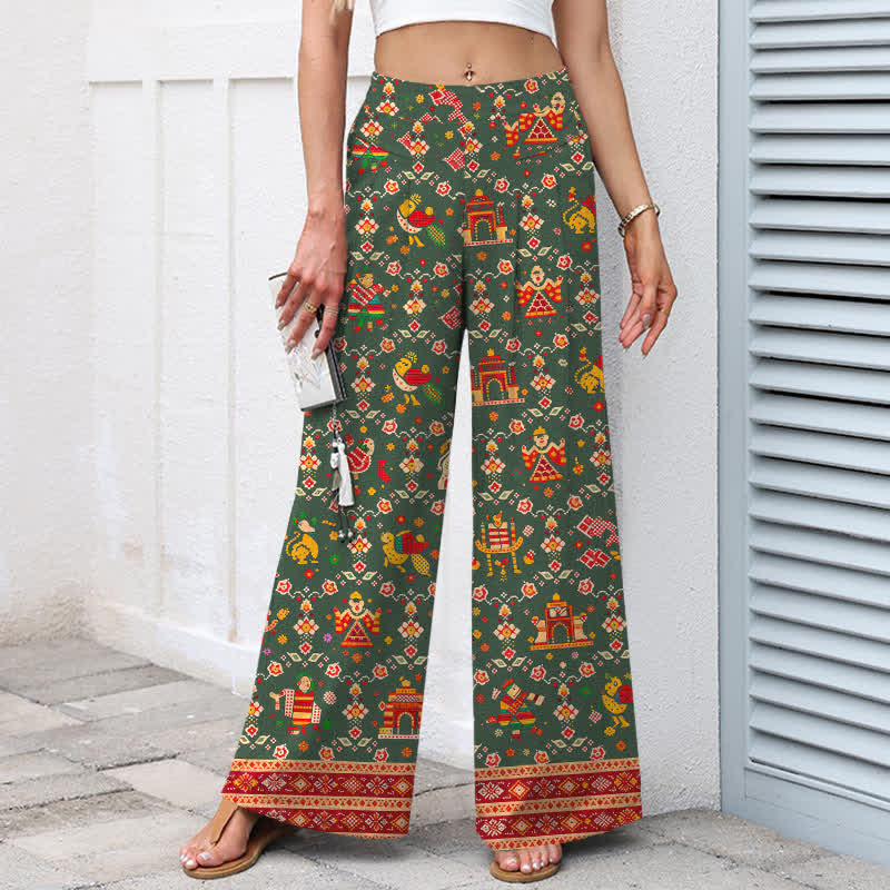 Nimara Ritual Cotton Linen Bohemian Geometric Pattern Women's Elastic Waist Wide Leg Pants With Pockets