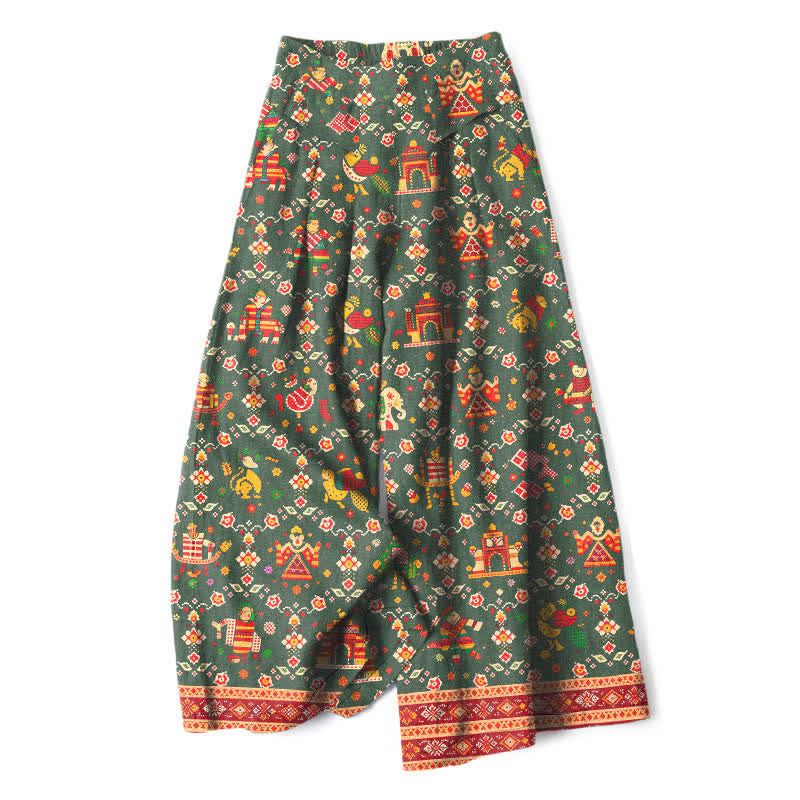 Nimara Ritual Cotton Linen Bohemian Geometric Pattern Women's Elastic Waist Wide Leg Pants With Pockets
