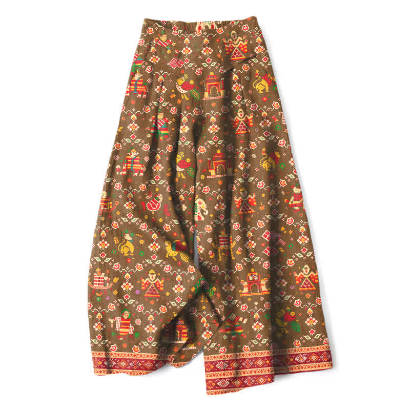 Nimara Ritual Cotton Linen Bohemian Geometric Pattern Women's Elastic Waist Wide Leg Pants With Pockets