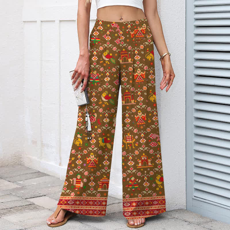 Nimara Ritual Cotton Linen Bohemian Geometric Pattern Women's Elastic Waist Wide Leg Pants With Pockets