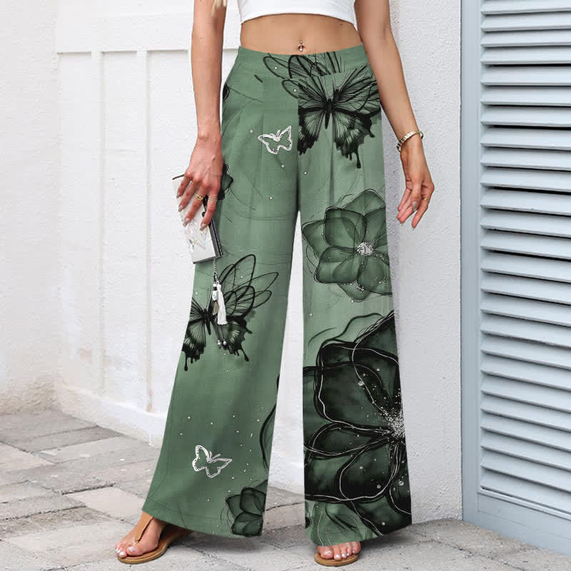 Nimara Ritual Cotton Linen Butterfly Floral Pattern Women's Elastic Waist Wide Leg Pants With Pockets