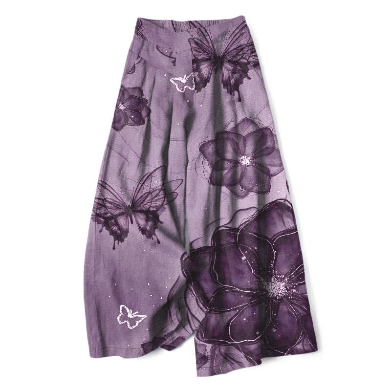 Nimara Ritual Cotton Linen Butterfly Floral Pattern Women's Elastic Waist Wide Leg Pants With Pockets