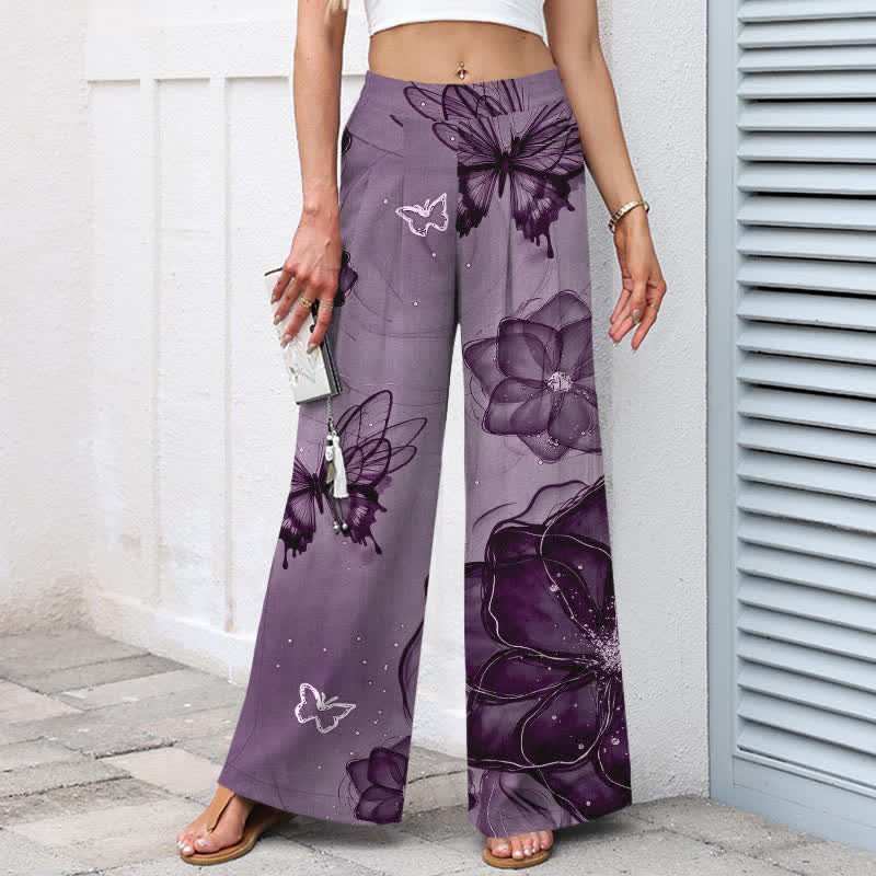 Nimara Ritual Cotton Linen Butterfly Floral Pattern Women's Elastic Waist Wide Leg Pants With Pockets