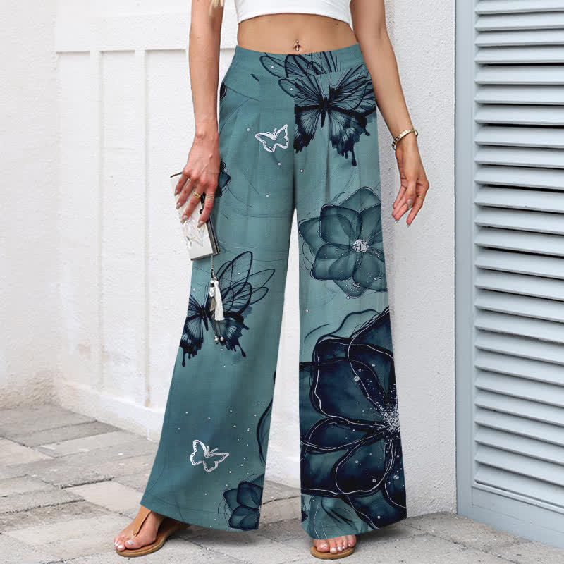 Nimara Ritual Cotton Linen Butterfly Floral Pattern Women's Elastic Waist Wide Leg Pants With Pockets