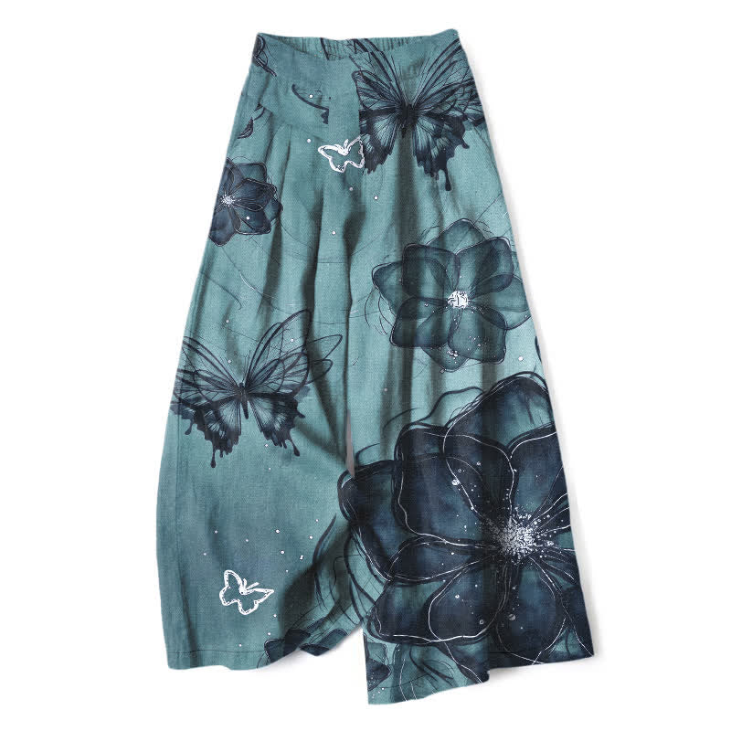 Nimara Ritual Cotton Linen Butterfly Floral Pattern Women's Elastic Waist Wide Leg Pants With Pockets
