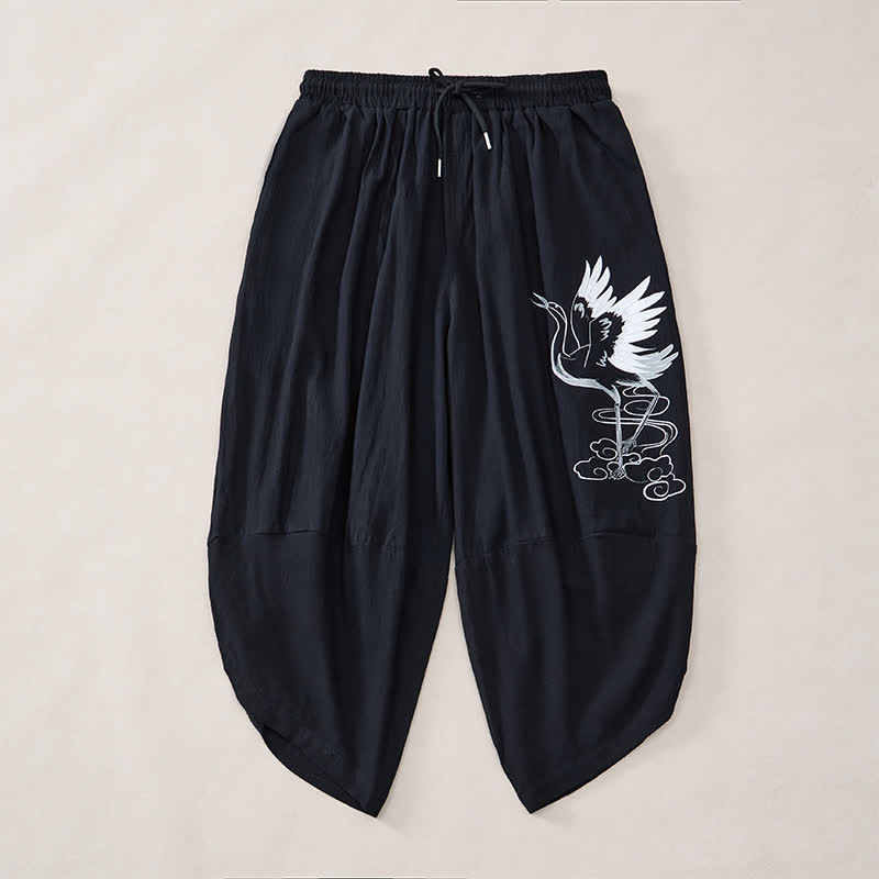 Nimara Ritual Summer Casual Vintage Drawstring Crane Print Capri Pants Men's Harem Pants With Pocket
