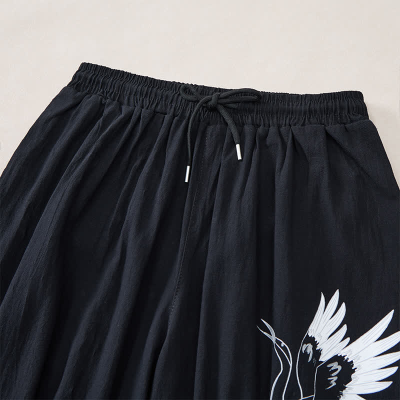 Nimara Ritual Summer Casual Vintage Drawstring Crane Print Capri Pants Men's Harem Pants With Pocket