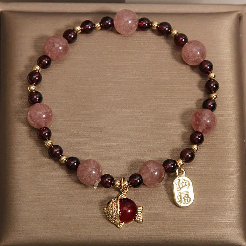 Nimara Ritual Strawberry Quartz Garnet Koi Fish Fu Character Healing Bracelet