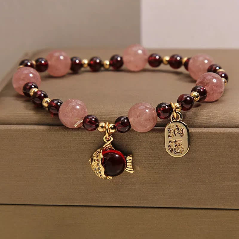 Nimara Ritual Strawberry Quartz Garnet Koi Fish Fu Character Healing Bracelet
