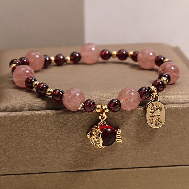 Nimara Ritual Strawberry Quartz Garnet Koi Fish Fu Character Healing Bracelet