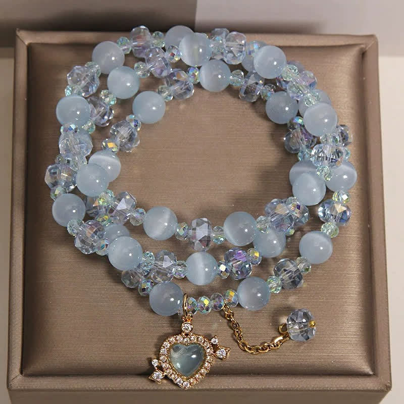 Confidence and Balance Blue Cat's Eye Heart Triple Wrap Bracelet