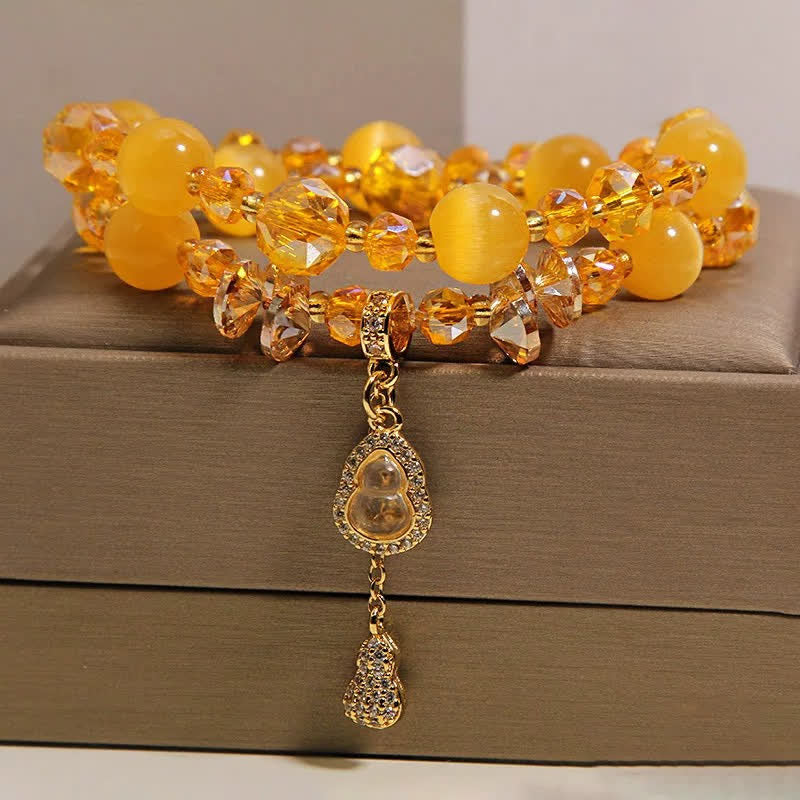 Prosperity and Confidence Cat's Eye Gourd Pendant Double Layer Beaded Bracelet