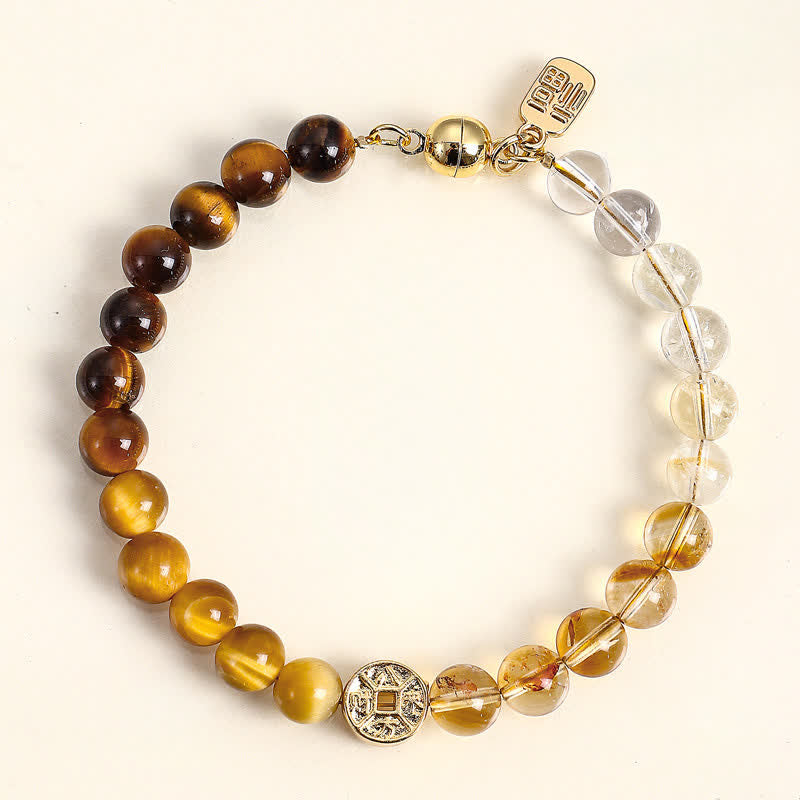 Nimara Ritual Tiger Eye Natural Stone Fu Character Copper Coins Happiness Bracelet