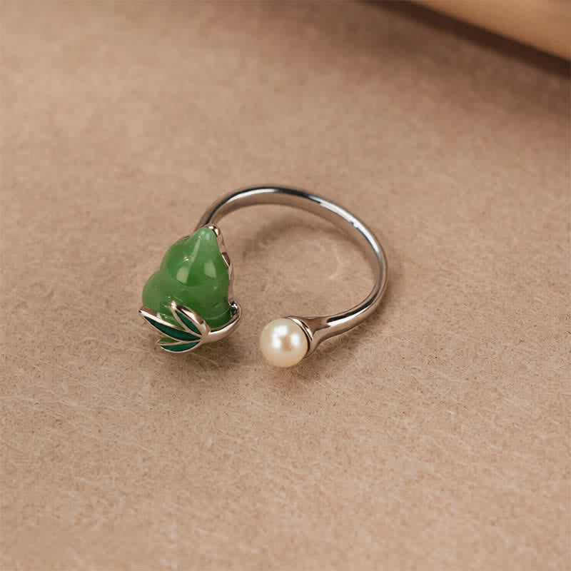 Nimara Ritual Green Aventurine Gourd Pearl Leaf Open Positivity Ring