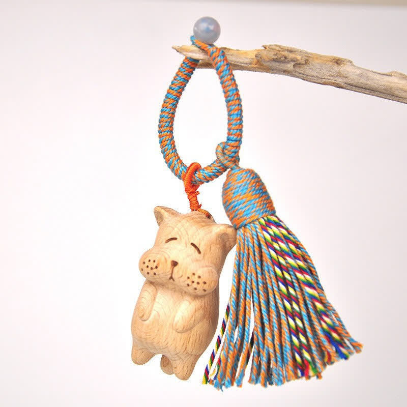 Nimara Ritual Hand-Carved Light Wood Lucky Cat Tassel Grounding Keychains