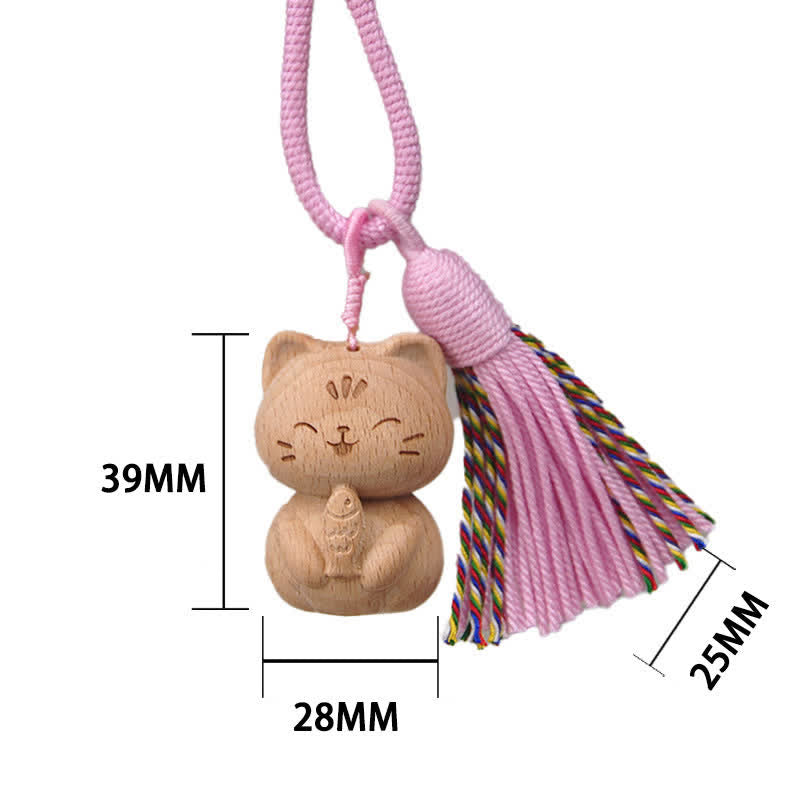 Nimara Ritual Hand-Carved Light Wood Lucky Cat Tassel Grounding Keychains